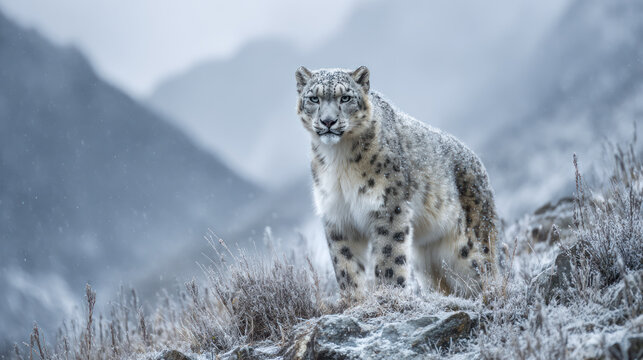 Snow leopard wild cat mountain snow camouflage predator winter wildlife Himalaya big cat feline fur pattern stealth power nature outdoor cold