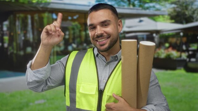 Man wearing reflective vest points finger while holding rolled blueprint in urban street; planning ambition optimism.