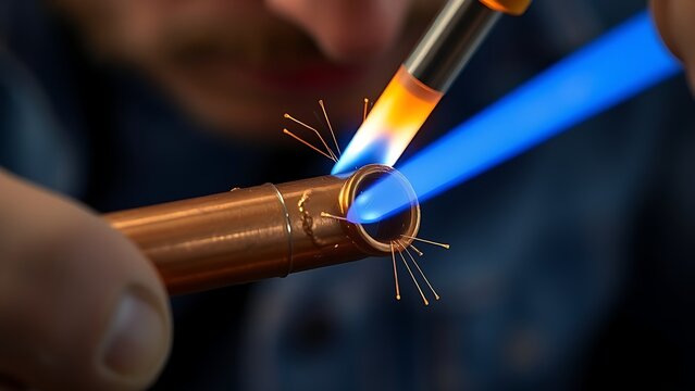 brazing. A craftsman brazing two copper pipes with molten solder under a torch flame. safety posters, maintenance manuals, designed for precision metalworking and fabrication facilities.