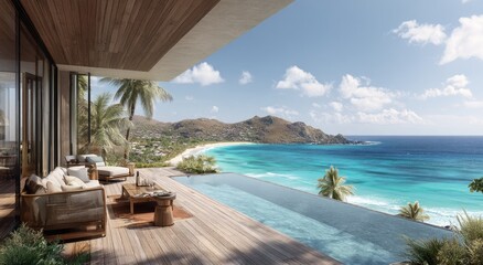 Obraz premium A luxurious wooden terrace featuring an infinity pool overlooking a tropical bay