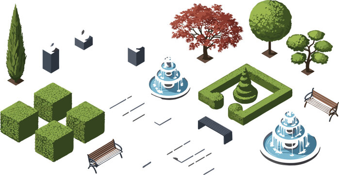 Isometric Park Design Set Featuring Fountains, Trees, Hedges, Benches, and Garden Elements
