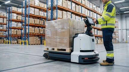Naklejka premium Industrial,warehouse,worker,operating,autonomous,robotic,pallet,jack,with,digital,tablet,managing,automated,logistics,and,inventory,storage,in,modern,distribution,center,factory,optimization