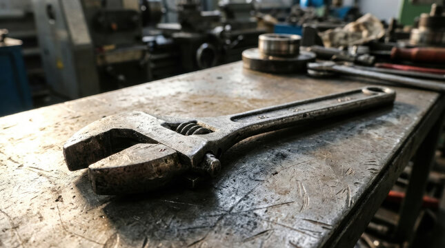 Rusty Adjustable Wrench on Worn Metal Workbench