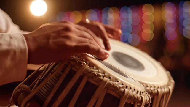 Tabla player hands, dynamic drumming on traditional Indian instrument with vibrant bokeh lights, symbolizing cultural music and rhythm.