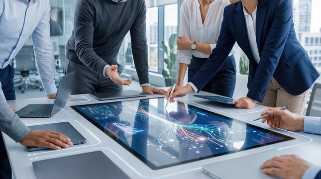 Corporate executives gathering around high tech interactive conference table with glowing data streams,discussing global business trends and digital transformation strategies