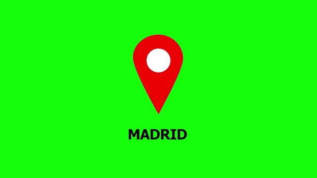 Red Location Pointers Moving Across Green Screen with Madrid Text and Black Stripes