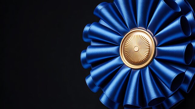 Blue award ribbon rosette symbol of achievement and recognition on dark background