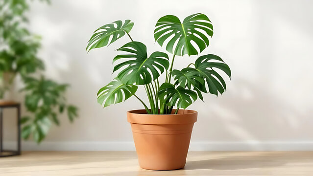 Monstera deliciosa plant in terracotta pot on wooden floor