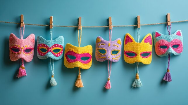 Colorful masks hang on a string for Purim celebration in a bright space bringing joy to the festive atmosphere.