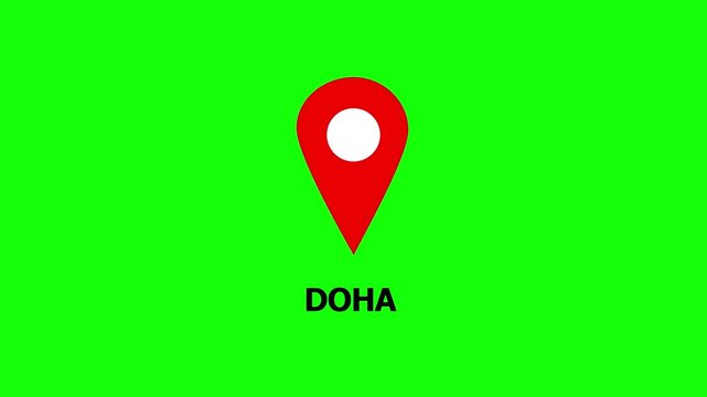 Red Location Pointers with Doha Text on Green Screen Background Cinematic Motion