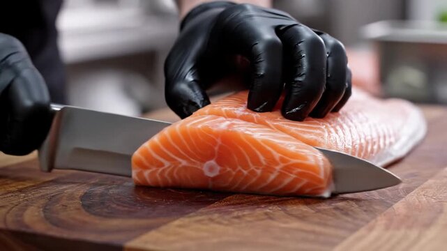 Chef slicing fresh salmon fillet on wooden board, preparing seafood for cooking