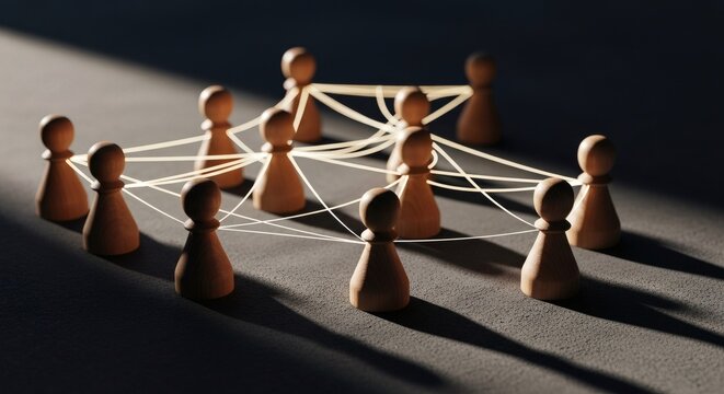 Wooden peg figures connected by white string representing a network