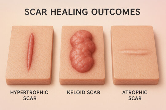 Medical dermatology comparison of scar healing outcomes on skin. informative graphic shows hypertrophic, keloid, and atrophic scars after wound, clinical chart