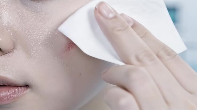 Closeup of a person gently dabbing their cheek with a white tissue focusing on skincare and facial care.