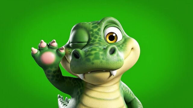 Cute 3D Cartoon Alligator Waving and Winking on Green Background