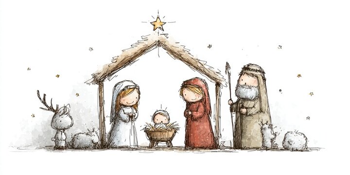 Nativity scene. Christian Christmas concept. Birth of Jesus Christ. Wooden manger in dark blue night. Banner, copy space. Jesus is reason for season. 