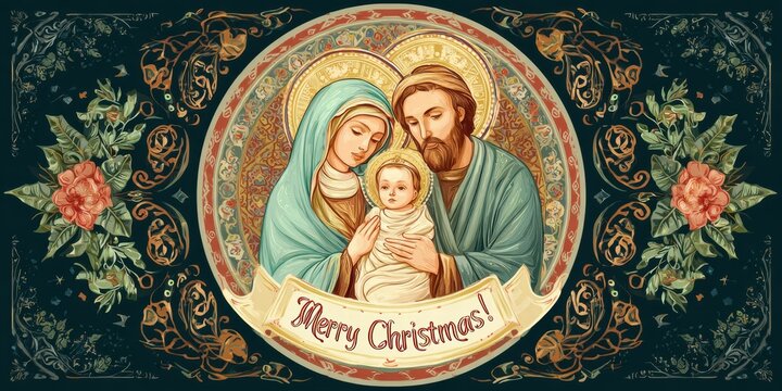 Nativity scene. Christian Christmas concept. Birth of Jesus Christ. Wooden manger in dark blue night. Banner, copy space. Jesus is reason for season. 