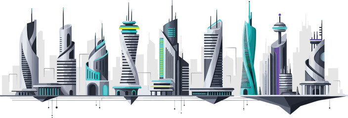 Futuristic city skyline vector set featuring modern skyscrapers sci-fi buildings and floating urban architecture for technology and gaming © NURUL
