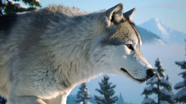 Close-up profile of a gray wolf in a mountainous landscape with evergreen trees.