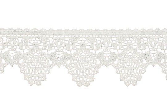 White lace trim creating decorative border, elegant scallop lace textile with floral pattern on transparent background