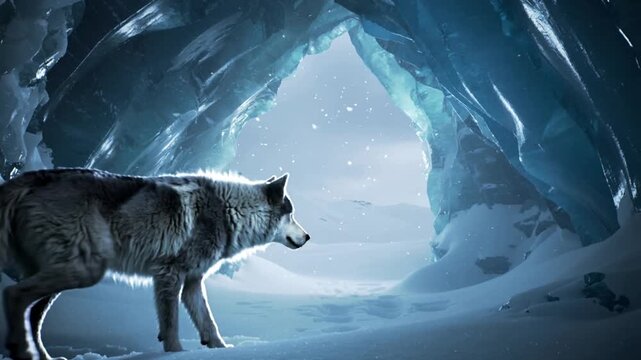 A gray wolf standing in an icy cave with a snowy landscape in the background, illuminated by soft blue light.