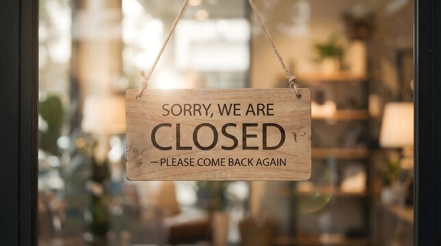 Sorry we are closed wooden sign hanging on glass door of cafe