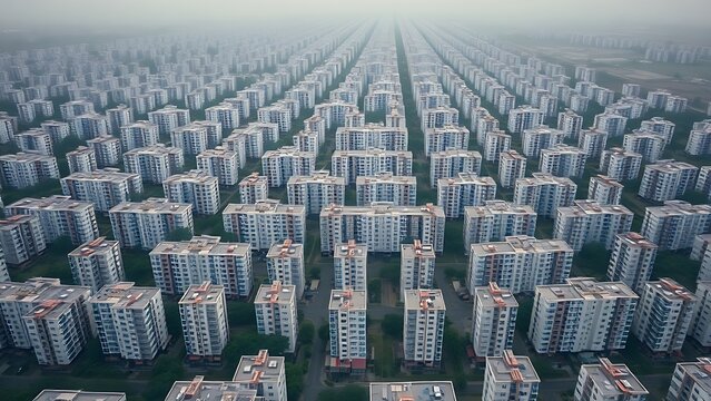 particularity. Aerial view of identical residential buildings stretching to the horizon under hazy skies. real-estate listings.