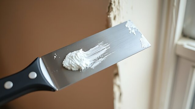 amalgam. A putty knife with fresh white spackle on a wall crack, shallow depth of field. safety posters, maintenance manuals, designed for precision metalworking and fabrication facilities.