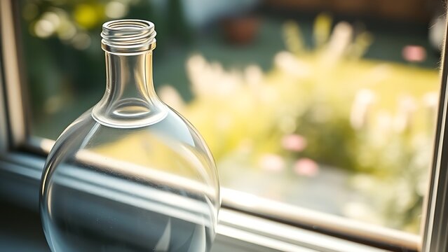 demijohn. A glass demijohn on a windowsill refracting a sunlit garden view. bar promotions, beverage menus, designed for food & beverage menus and cafe branding, used by ui designers.