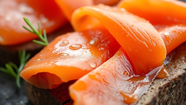 tonalite. Close-up of oily smoked salmon slices on dark rye bread. menu design, packaging mockups, designed for culinary blogs and recipe cards for restaurants, used by interior designers.