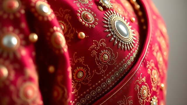 shockabsorber. Close-up of a traditional garment with intricate mirror work and silk embroidery. STEM education sheets, lab safety posters, designed for biotech research communications.