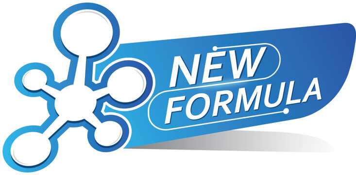 New formula - emblem for new product line. Blue sticker with molecular symbol. New innovative and improved formula product label packaging vector badge icon. 