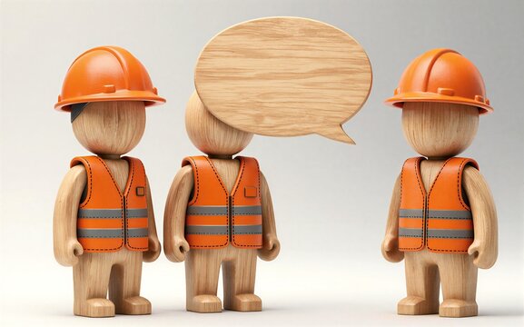 Two wooden construction workers converse gesturing with a speech