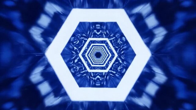 Abstract geometric tunnel with repeating hexagonal shapes and blue patterns