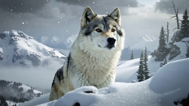 Majestic gray wolf sitting on a snowy hill in a winter landscape with pine trees and mountains under a cloudy sky.