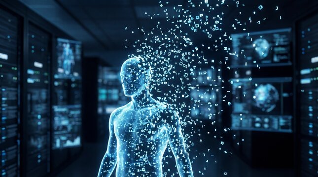 Woman experiencing augmented reality concept. Futuristic holographic figure surrounded by digital data streams.