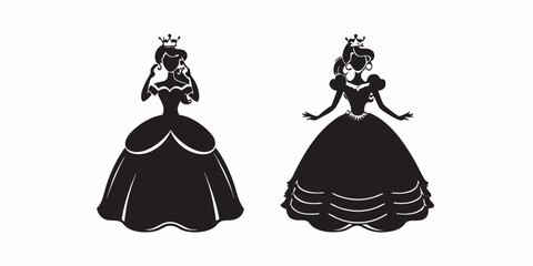 Elegant silhouettes of two princesses in ornate gowns and tiaras © Subarna