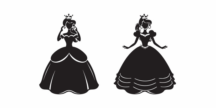 Elegant silhouettes of two princesses in ornate gowns and tiaras