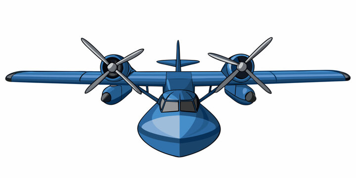 Blue twin engine seaplane illustration viewed directly from above
