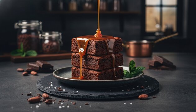 Dark chocolate brownies with caramel drizzle