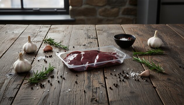 Fresh raw beef liver in blank tray on rustic wood