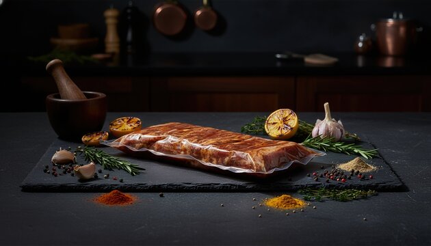 Gourmet marinated lamb riblets on dark slate background