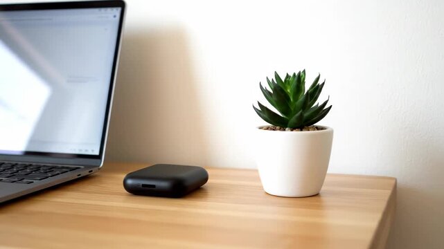 Compact Desktop Scene Featuring Portable Technology Device Next to Small Potted Succulent Plant and Open Notebook Computer