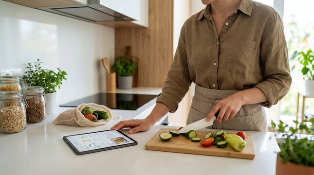 Young woman preparing healthy vegetarian meal in a modern minimalist kitchen,cutting fresh vegetables while following a digital recipe on a tablet,concept of wellness and smart home