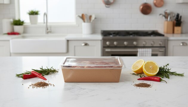 Modern minimalist kitchen scene with marinated lamb riblets