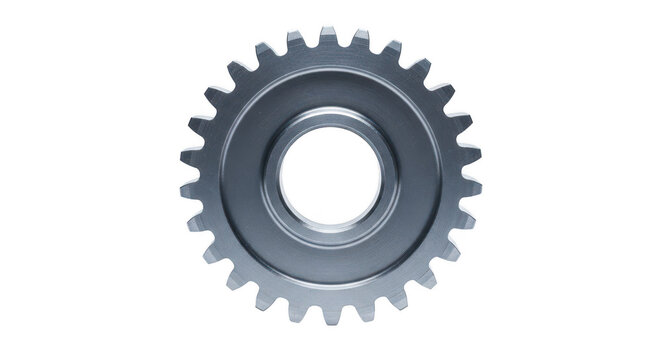 A close-up view of a large, industrial metal gear mechanism with teeth isolated on transparent background