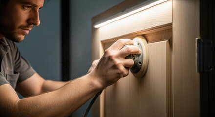 Naklejka premium Focused Man Sanding Wooden Cabinet with Power Tool in Workshop