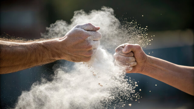 Throwing colorful powders during Holi festival concept. Two hands compete in a challenging sport, dust flying around.