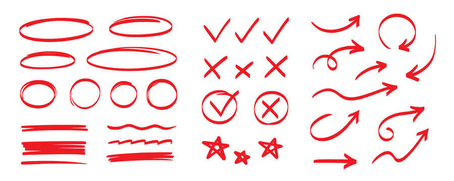 Line marker highlight, arrow, check mark red set. Line red marker hand drawn pen brush stroke underline check. Star oval sticker sign note scribble emphasis icon element. Vector illustration