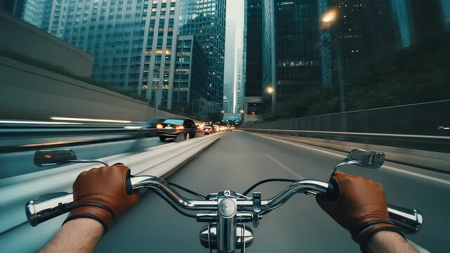 Cyclist hands holding handlebars while riding bicycle between city cars with long streaks of night lights stretching ahead during fast urban commute